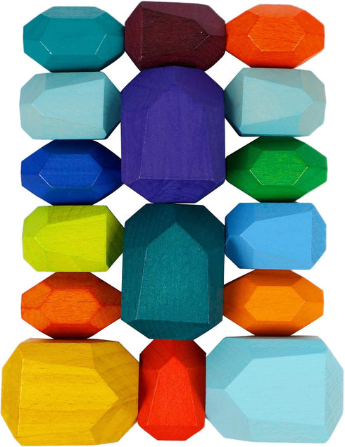 16 Pcs Wooden Stacking Blocks Rocks Building Toys, Colored Solid Wood Stones Pre-School Educational Games Creative Toys for Kids Toddlers...