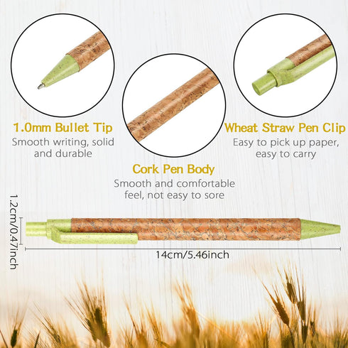 CHENGU 30 Pack Wheat Straw Pens Cork Recycled Ballpoint Retractable Pens with Comfortable Grip Black Ink Click Office Supplies Pens for School Jou...
