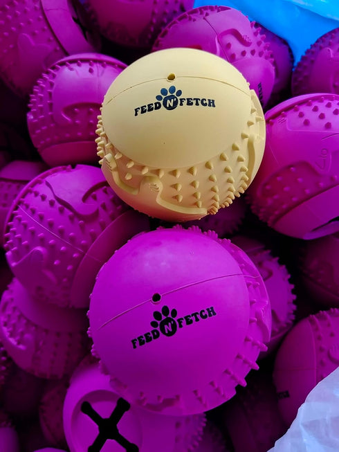 Feed N' Fetch Interactive Treat Ball - Dog Feeder Ball, Teeth Cleaner - 2 Pack Multipurpose Dog Treat Dispenser Toy - Food Puzzle Ball for All Dog...