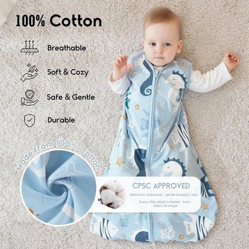 Yoofoss Baby Sleep Sack 0-6 Months 0.5 TOG Baby Wearable Blanket, 100% Cotton Infant Toddler Sleeping Sack 2-Way Zipper Lightweight Sleepsack, Sea...