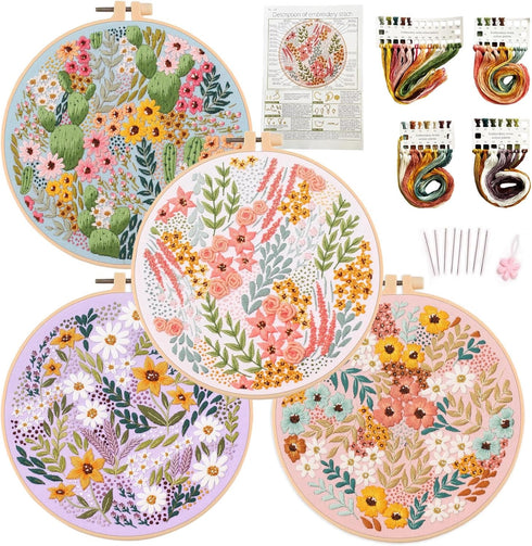 Silentsea Flower Embroidery Kit, Including 4 Sets of Patterned Embroidery Cloth, 2 Rings, Needles,Embroidery Thread, Instructions and Other Tools,...