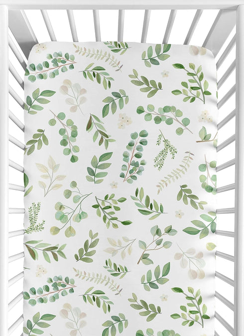 Sweet Jojo Designs Floral Leaf Girl Fitted Crib Sheet Baby or Toddler Bed Nursery - Green and White Boho Watercolor Botanical Woodland Tropical Ga...