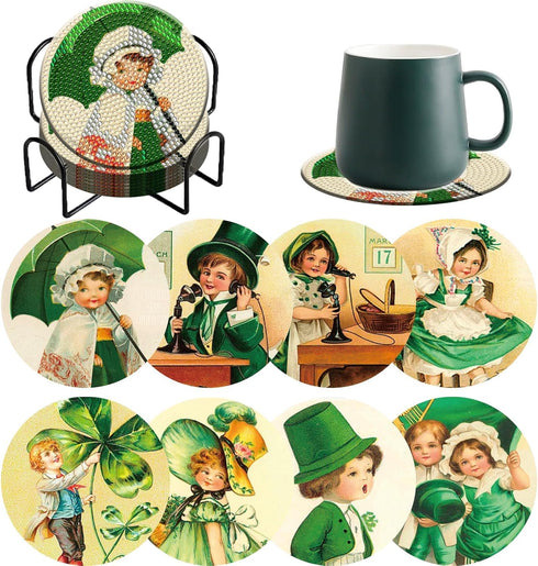 8 Pieces Vintage St. Patrick's Day Diamond Coasters Kits with Holder DIY St. Patrick's Day Diamond Art Coaster Coaster for Adults Diamond Kits Sup...