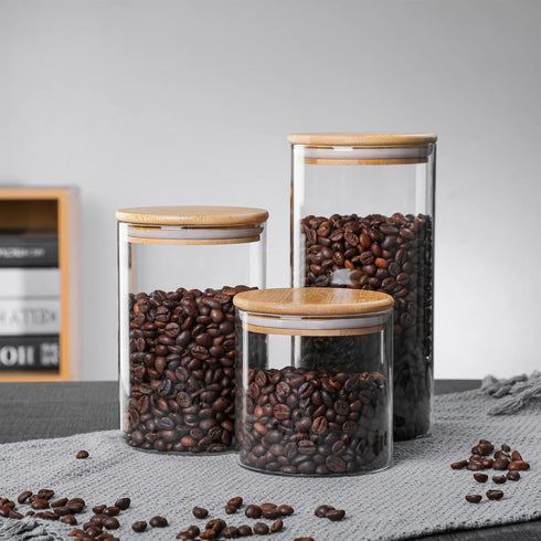 MOLFUJ 960 ML / 32 FL Oz Glass Storage Container with Wood Lid, Stackable Clear Decorative Organizer Bottle Canister Pantry Jar with Air Tight Woo...