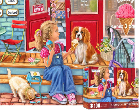 100 Piece Puzzles for Kids Pay Day Cones Puzzles 100 Piece Puzzles for Adults, Girl Sharing Icecream with Dog Cat Puzzle 100 Piece Seniors Puzzle ...