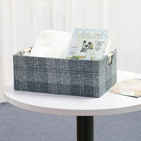 Fabric Storage Bin Box Collapsible Cotton Linen Storage Cube with Wooden Handles Rectangular Decorative Home Organizer Clothes Blanket Basket– Dar...