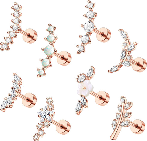 8Pcs 16G Cartilage Earring Set Stainless Steel Flower Opal CZ Stud Earrings Flat Back Cartilage Conch Helix Piercing Jewelry for Women...