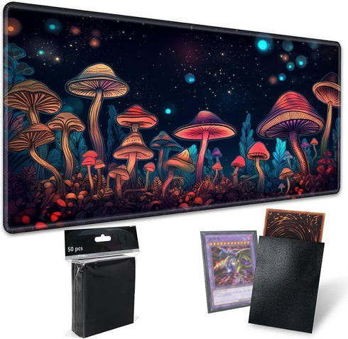 TCG Playmat Board Game Mat Plus 50 Pcs Card Sleeves, 24 x 14 Table Mats Neon Mushroom Game Mousepad with Soft Surface Non-slip Base for MTG RPG CC...