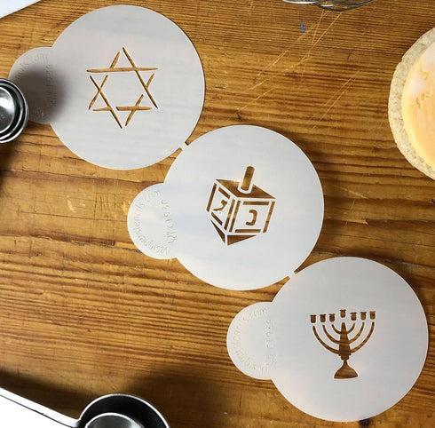 Designer Stencils Jewish Symbols Cookie and Cupcake Stencils, Small, (Dreidel, Star of David, Menorah), Beige/semi-transparent...