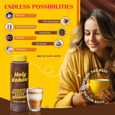 Holy Kakow Organic Chocolate Sauce - Chocolate Syrup, Organic, Sugar Free, Sweetened with Agave, Real Food Ingredients, Specific Flavor - 8oz, 1-P...