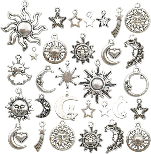 100g(80pcs) Craft Supplies Mixed Antique Silver Sun Moon Stars Charms Pendants for Crafting, Jewelry Findings Making Accessory for DIY Necklace Br...