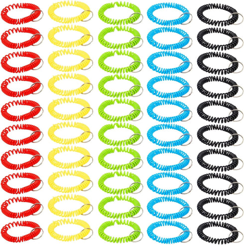 Juvale 50 Pack Spiral Coil Wrist Keychains - Stretchy Wristband Bracelet Key Rings (5 Assorted Colors)...