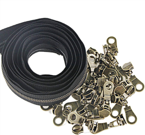 Leekayer #5 Antique Brass Metallic Nylon Coil Zippers by The Yard Bulk 10 Yards Black Zipper Tape with 25pcs Brass Sliders for DIY Sewing Tailor C...