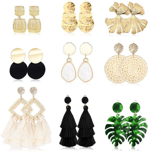 FINREZIO 9 Pairs Clip on Drop Earrings for Women Statement Rattan Resin Acrylic Drop Dangle Earrings Lightweight Geometric Rattan Tassel Hoop Drop...