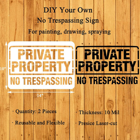 "Private Property No Trespassing" Reusable Stencil Template for Painting/Spraying Large Warning Sign on Wooden Plaque | 2-Pack, 14" x 10"...