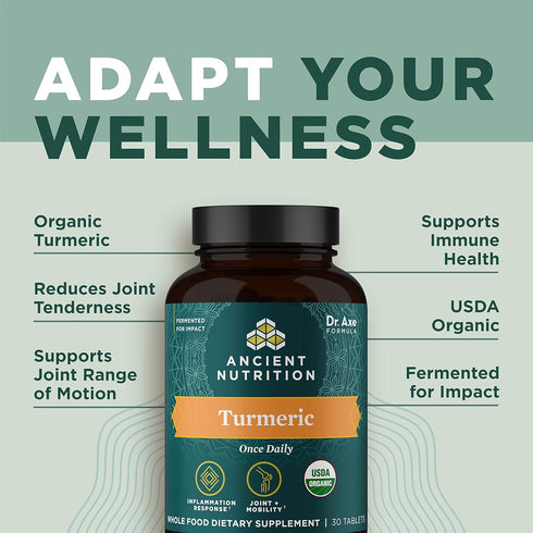 Turmeric Capsules by Ancient Nutrition, Once Daily, Use as a Joint Supplement and Supports Inflammation, Gluten Free, Paleo and Keto Friendly, 30 ...