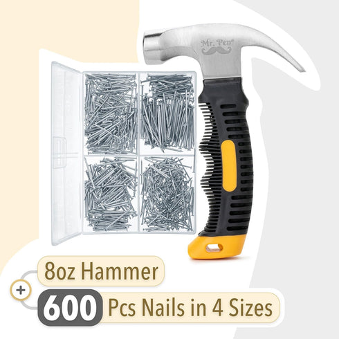 Mr. Pen- Nail Assortment Kit and 8oz Small Hammer, 600 Pcs Small Nails, Nails for Hanging Pictures, Nails for Wall, Picture Hanging Nails, Hammer ...