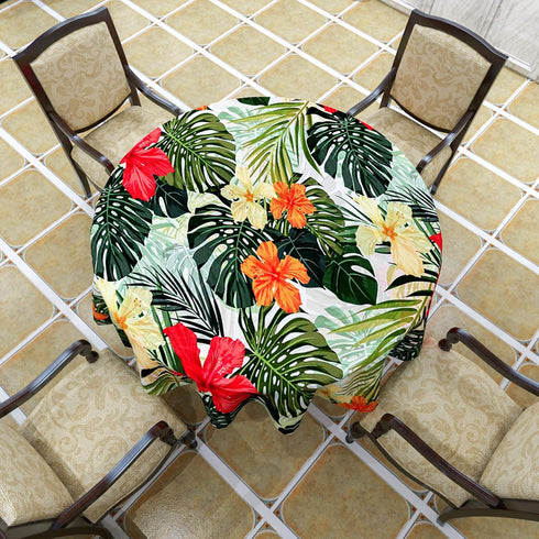 Tropical Round Tablecloth, Hawaiian Palm Tree Hibiscus Flowers Plants Tablecloths, Aloha/Luau Theme Party, Wipeable Waterproof Table Cloth for Fam...