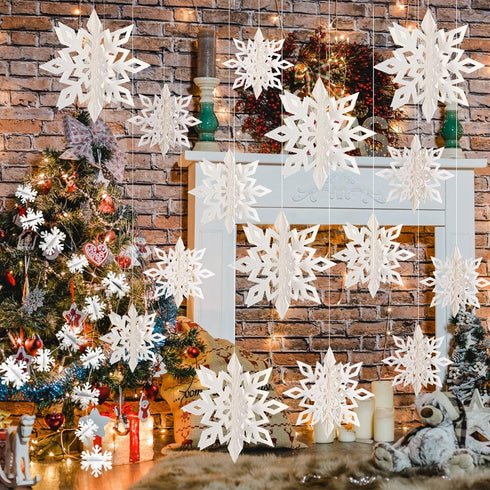 Winter Wonderland Frozen Party Snowflakes Decorations White 12pcs Hanging 3D Paper Snowflakes and Snowflake Garland for Christmas Birthday Party D...