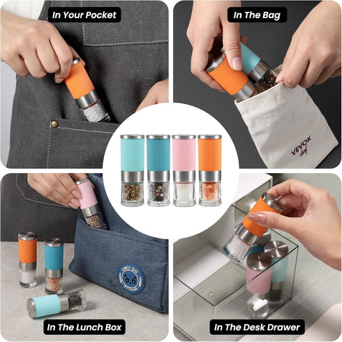 VEVOK CHEF Small Salt and Pepper Grinder 4Pcs Portable Mini Glass Salt Spices Grinder Ceramic Salt Black Pepper Shakers Tiny Pepper Mill Salt Grin...