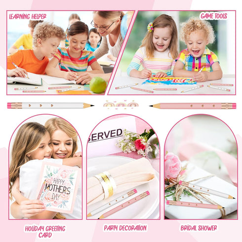 CHENGU 48 Pcs Half Pencils with Eraser Bridal Shower Pencils Mini Pencils Golf Pencils Rose Gold Heart Pencils White Pink Pre Sharpened Pencils We...