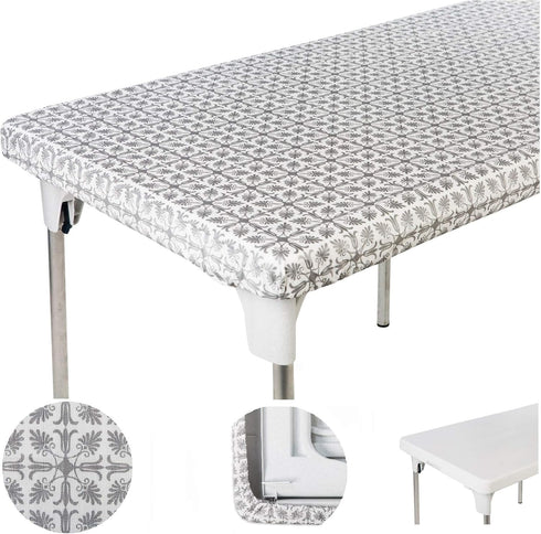 Table Cover Silver Patterned Elastic on The Corner for Folding Table 6 ft 30 x 72 inch Waterproof Elastic Edge Fitted Stay Put Table Cloth for Tra...