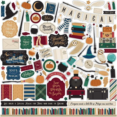 Echo Park Paper Collection Bundle: Witches and Wizards 12 x 12 Collection Kit + Witches and Wizards 12 x 12 Cardstock Elements Sticker Sheet...