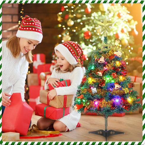 Mini Xmas Tree, 24"/60cm Artificial Small Tabletop Christmas Pine Tree with Ornaments for Holiday Home Office Decoration...