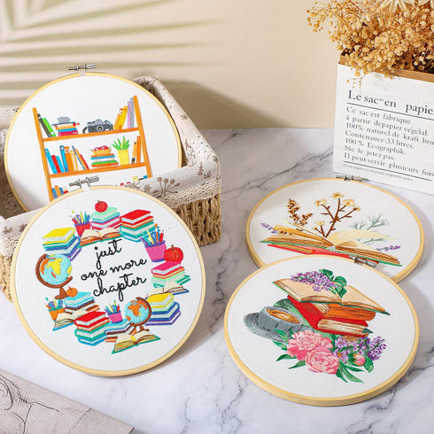 Unittype 4 Set Embroidery Kit for Adults Book Lovers, DIY Cross Stitch Kit with Bamboo Hoops, Needles, Threads, Instructions...