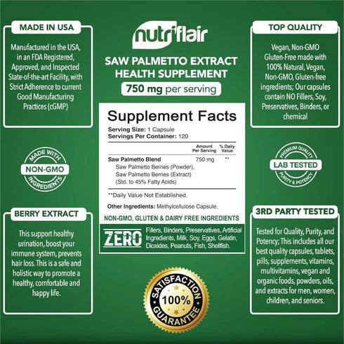 NutriFlair Saw Palmetto Extract 750mg, 120 Capsules - Natural Prostate Supplement & Berry Health Support - Helps Block DHT to Prevent Hair Loss an...