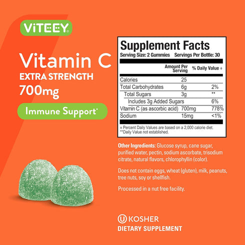 Vitamin C Gummies for Adults & Teens, 700mg Extra Strength - Immune Support Gummies - Immune Booster - Vegan, Gelatin Free, Gluten Free - Tasty Vi...