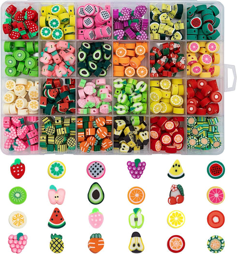 480pcs Fruits Clay Beads for Jewelry Making, 24 Styles Mixed Clay Beads Fruit Charms for Bracelet Making Kit, Polymer Heishi Beads for Women DIY N...