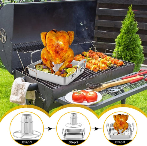 P&P CHEF Beer Can Chicken Holder with Roasting Pan Set, 9-inch Stainless Steel Square Baking Pan and Chicken Rack For Grilling, Heavy Duty & Dishw...