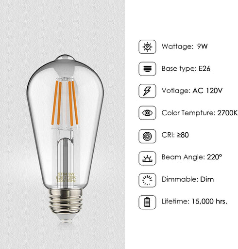 ST64 LED Filament Bulbs, 100W Equivalent, Edison Vintage Dimmable Energy Efficient Lamp for Pendant Wall Light Fixtures Office Bedroom Bathroom, E...