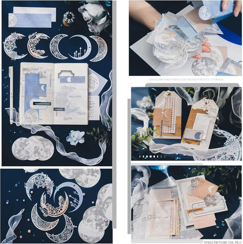 Doraking 63PCS Moon Embellishment Scrapbook Paper Packs for Journaling Supplies, Material Papers Memos Stamps Cards for Journals Planners Aestheti...