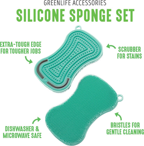 GreenLife Reusable Multipurpose Silicone 2 Pack Sponge and Scrubber, Hygienic and Odor Resistant Dish Washing, Scratch Free Cleaning, Dishwasher a...