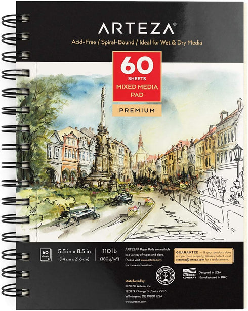 ARTEZA Mixed Media Sketchbook, 5.5 x 8.5 Inches, Pack of 1, 60 Sheets, Micro-Perforated Spiral-Bound Paper Pad for Wet and Dry Media...