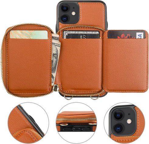 Bocasal RFID Blocking Wallet Case for iPhone 11, Adjustable Crossbody Zipper Purse Case Card Holder with Kickstand Detachable Wrist Strap, PU Leat...
