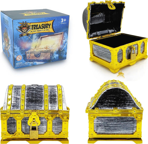 Kids Golden Frame Pirate Treasure Chest with Lock and Key, Treasures Collection Storage and Decorative Box for Kids Birthday Pirate Party Favors...