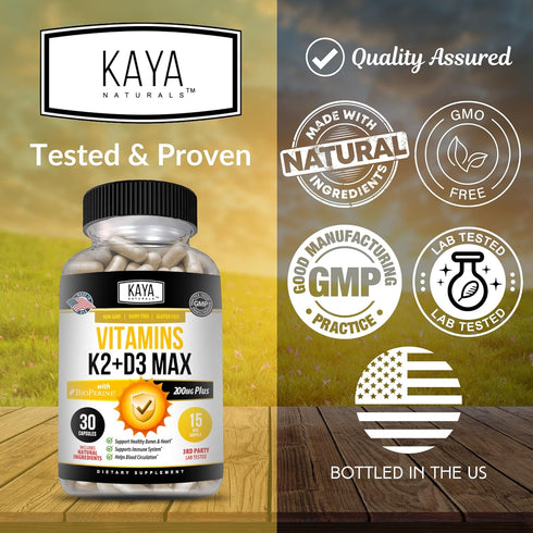 Kaya Naturals Vitamins K2 with D3 5000IU Supplement - Bone and Heart Health Supplement - Vitamin K2 MK-7 Easy to Swallow Supplement - K2 D3 Vitami...
