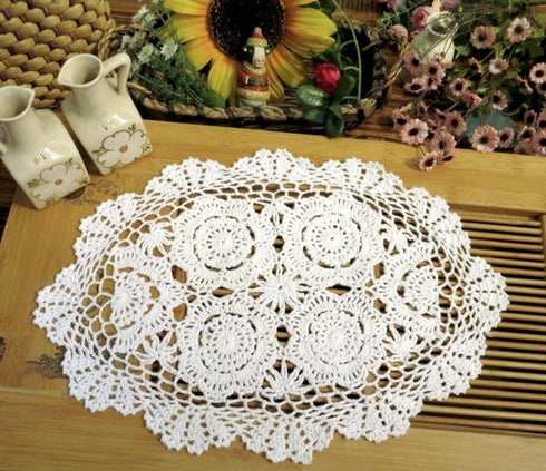 Phantomon Handmade Crochet Cotton Lace Placemats Doilies Cloth Crochet Coasters, Pack of 4, Oval Shape, White, 12 x 17 inch (White)...