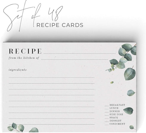 Eucalyptus Recipe Cards from Dashleigh, 48 Cards, 4x6 inches, Vintage Sage Green and Grey, Water-Resistant and Double-Sided...