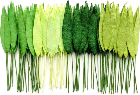 TH 50 pcs. Mixed Tone Green Grass Leaves with Wire Stems 8 mm Mulberry Paper Leaves Craft Supplies Scrap Booking Embellishments for so Many Card C...