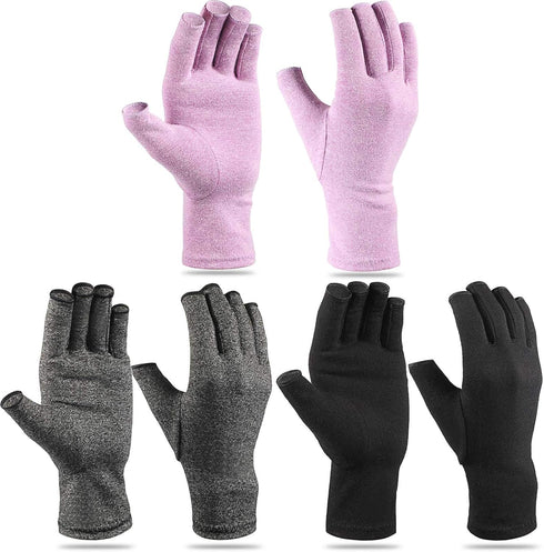 3 Pairs Compression Craft Arthritis Hands Gloves Fingerless Pressure Joint Relief for Quilting Sewing Typing Household Duties (Black, Gray, Purple...
