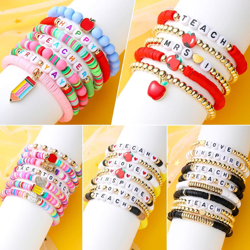 36 Pcs Back to School Teacher Appreciation Gifts Heishi Bracelets Bulk for Women Stackable Preppy Bracelets Teach Love Inspire Thank You Gifts for...