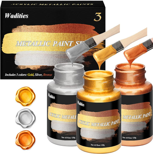 Acrylic Paint Metallic, 3pcs 13.5oz(375g) Gold & Silver & Bronze, Gold Leaf Paint for Art Painting, Ideal for Canvas, Wood, Clay, Fabric, Ceramic,...