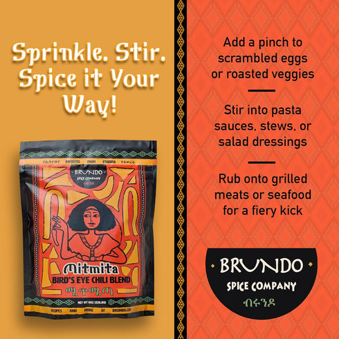 Brundo Ethiopian Spice Company Mitmita | Imported Authentic Ethiopian Spice Blend With Bird's Eye Chili Pepper (8 oz) | Processed in and Imported ...