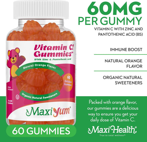 Vitamin C Gummies with Zinc - Maxi-Health Vitamin C with Zinc for Children and Adults - Respiratory Support and Immune Booster - No Preservatives ...