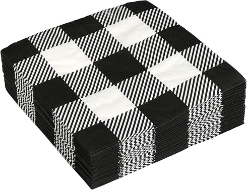 Iconikal 75-Count Black Gingham Disposable Paper Party Napkins, White Buffalo Plaid, Dinner Size...