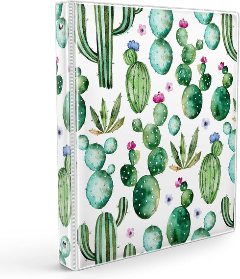 3 Ring Binder I Inch, Cute Round Three Ring Binder Organizer with 2 Storage Pockets for Women - Watercolor Cactus...